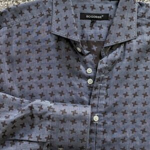 Bogosse Shirt Mens Size 6 (2X) Chambray Blue Brown Geometric Long Sleeve Button